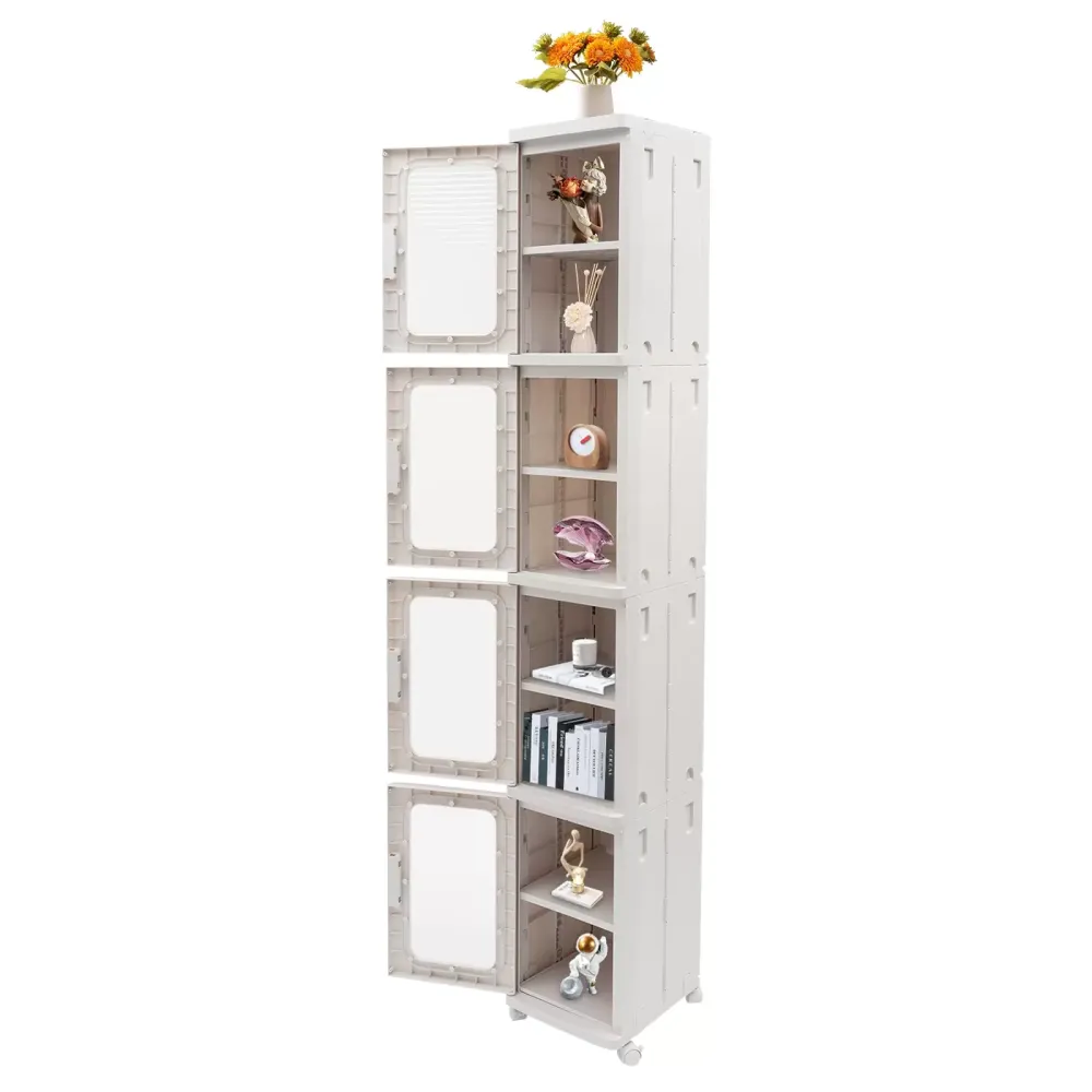 Boîte de rangement à 4 niveaux avec couvercle, boîtes de rangement pliables avec roulettes, 24,5 x 28,5 x 166 cm, 1 couvercle, blanc